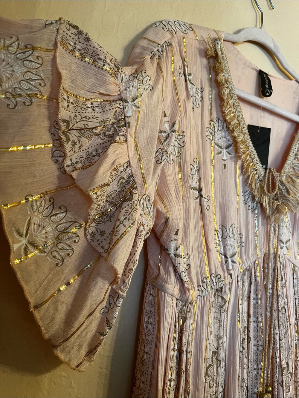 Embroidered Peach Boho Maxi Dress with Gold Trim